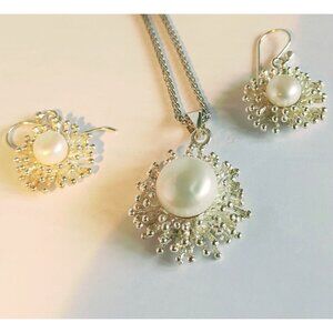 Women's Sterling Silver Jewellery Set Pearl Earrings Pendant Necklace 16"  Italy